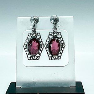 Vintage Purple Gemstone Earrings, Silver Tone Filigree Design, Screw Back